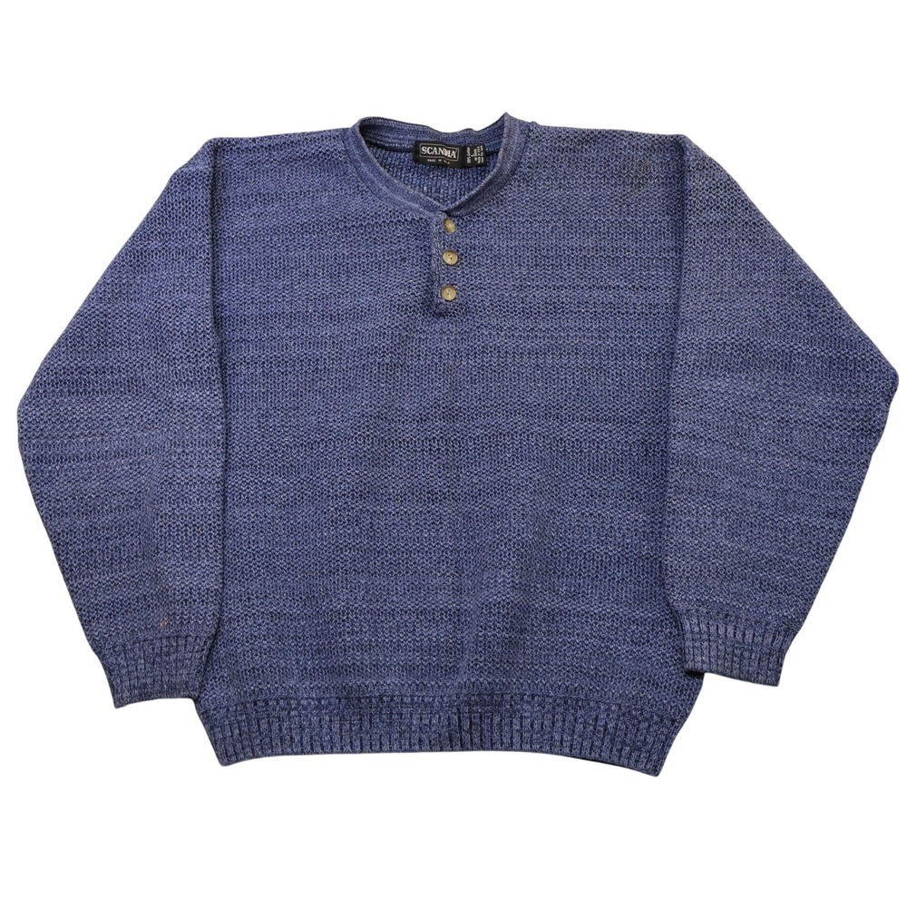 Scandia Mens Large Henley Sweater Blue Cotton Knit Long Sleeve Made in USA